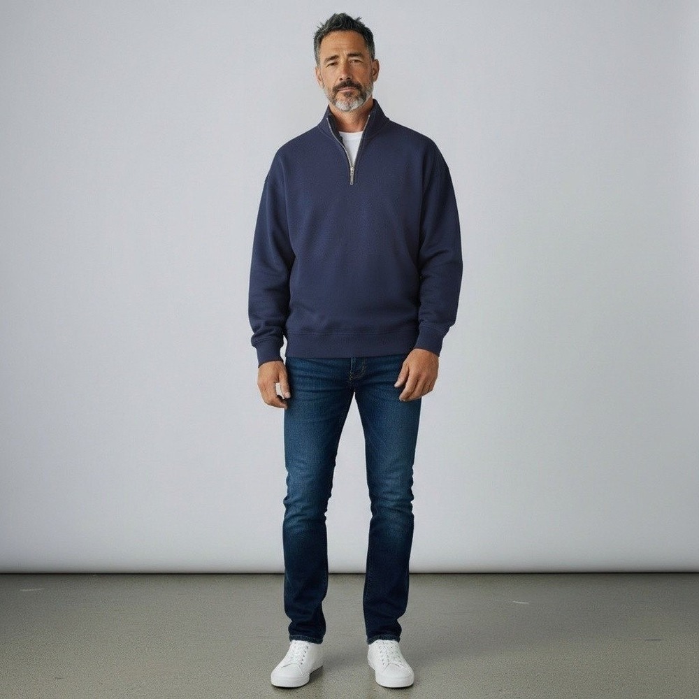 Quince organic cotton blend Men Fleece Sweatshirt Blue Pullover preppy classic M